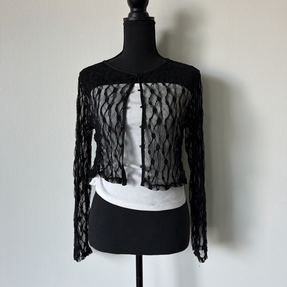 SOLD: Black Sheer Lace Crochet Button-Front Cardigan